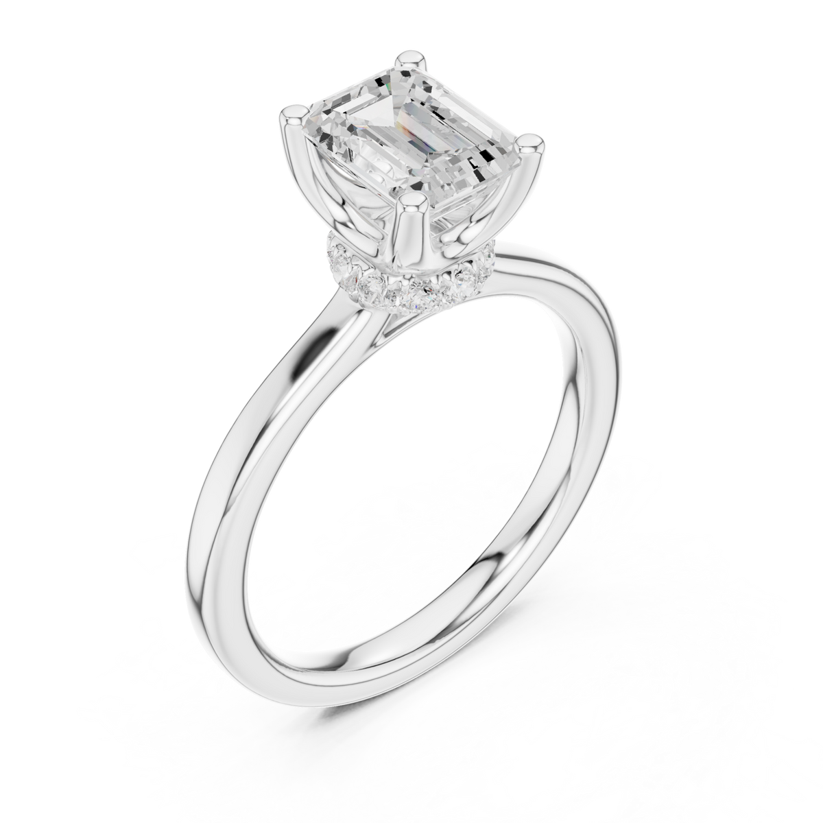 Emerald petite hidden halo solitaire engagement ring white gold angle view