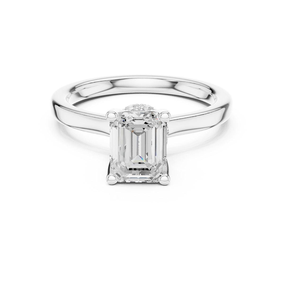Emerald petite hidden halo solitaire engagement ring white gold detail view