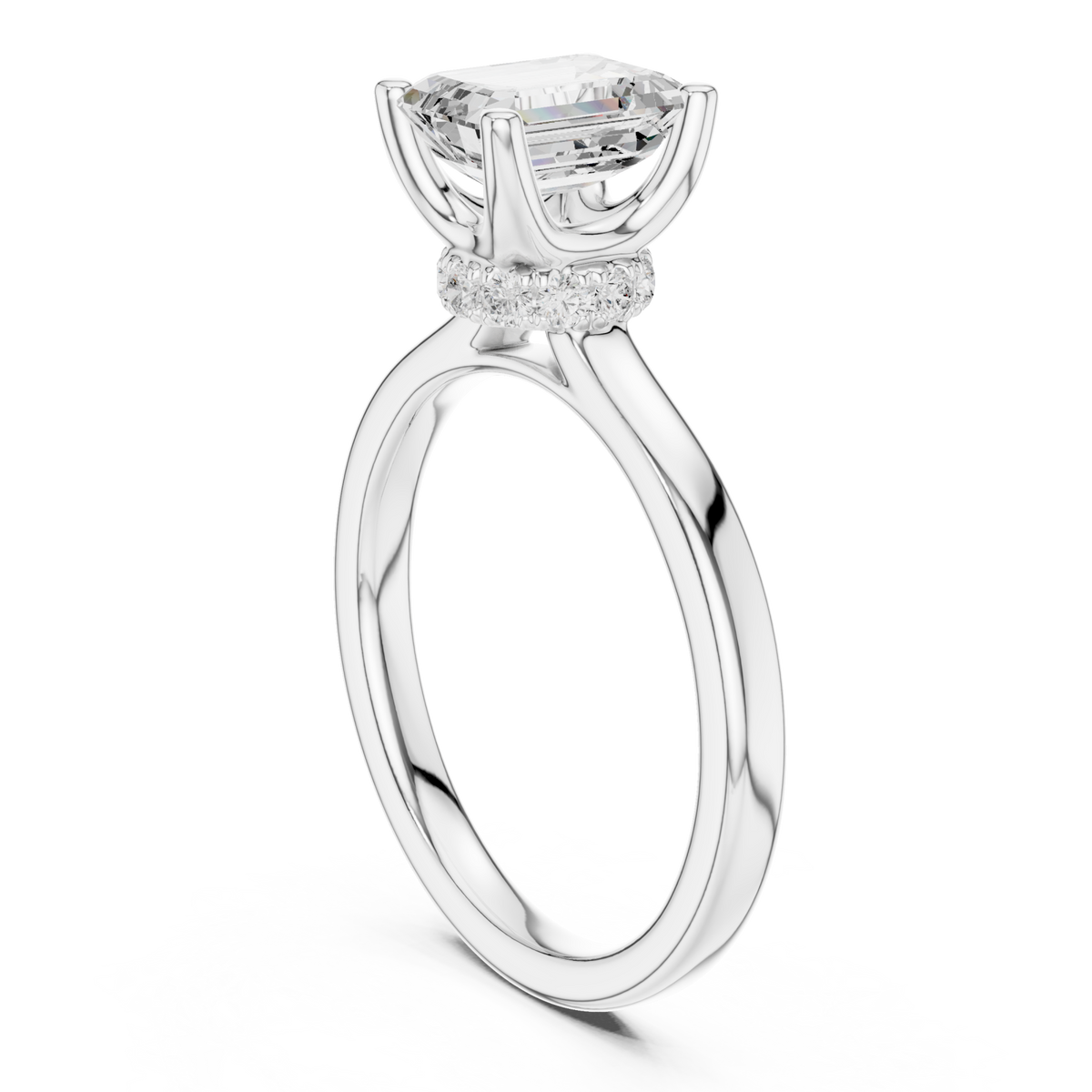 Emerald petite hidden halo solitaire engagement ring white gold front view