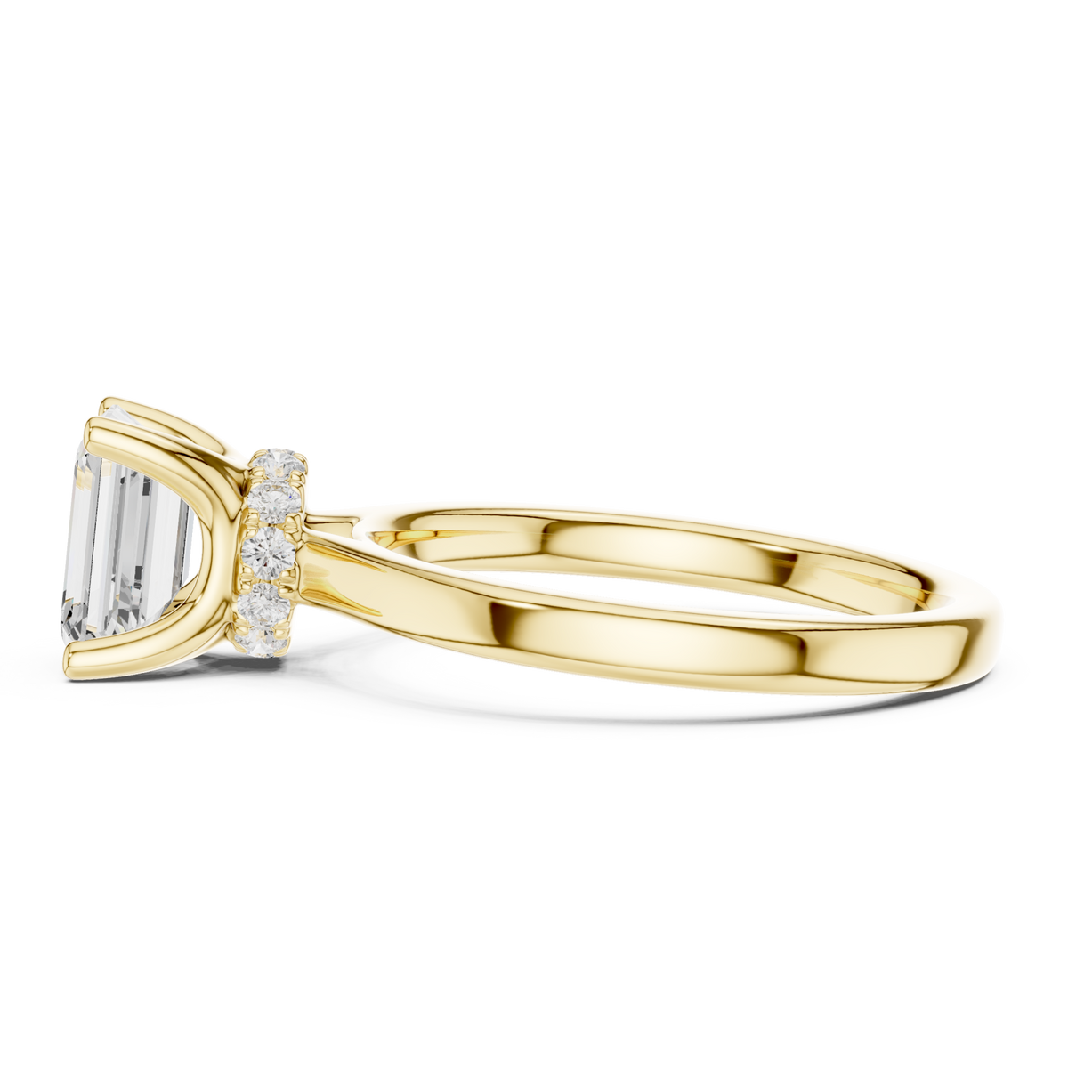 Emerald petite hidden halo solitaire engagement ring yellow gold side view