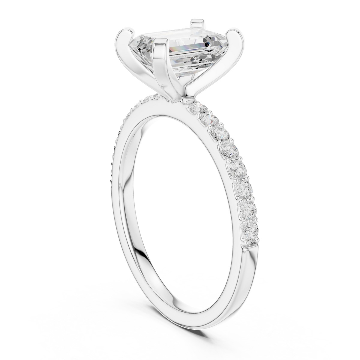 Emerald petite pave engagement ring white gold front view