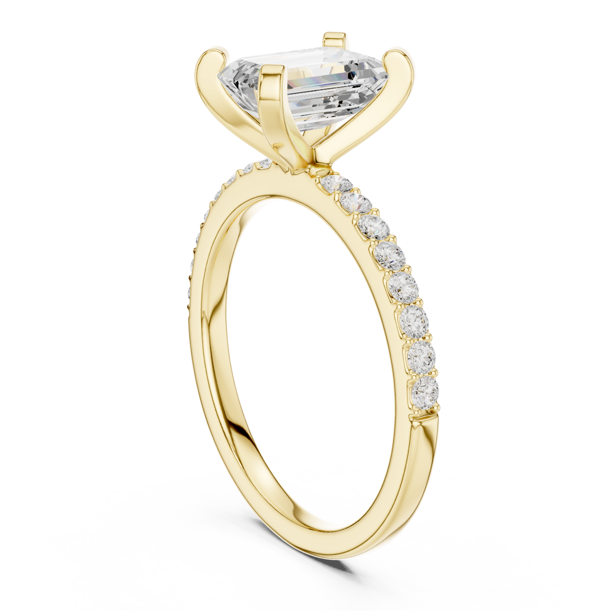 Emerald petite pave engagement ring yellow gold front view