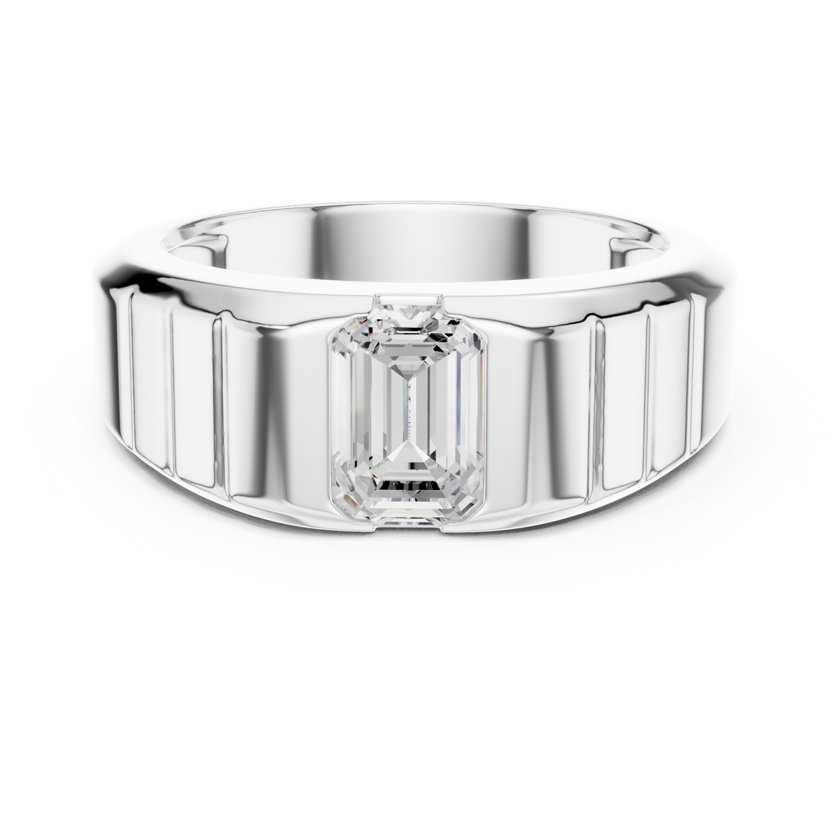  White Gold Emerald Ribbed Shoulder Band Ring for Him Detail View