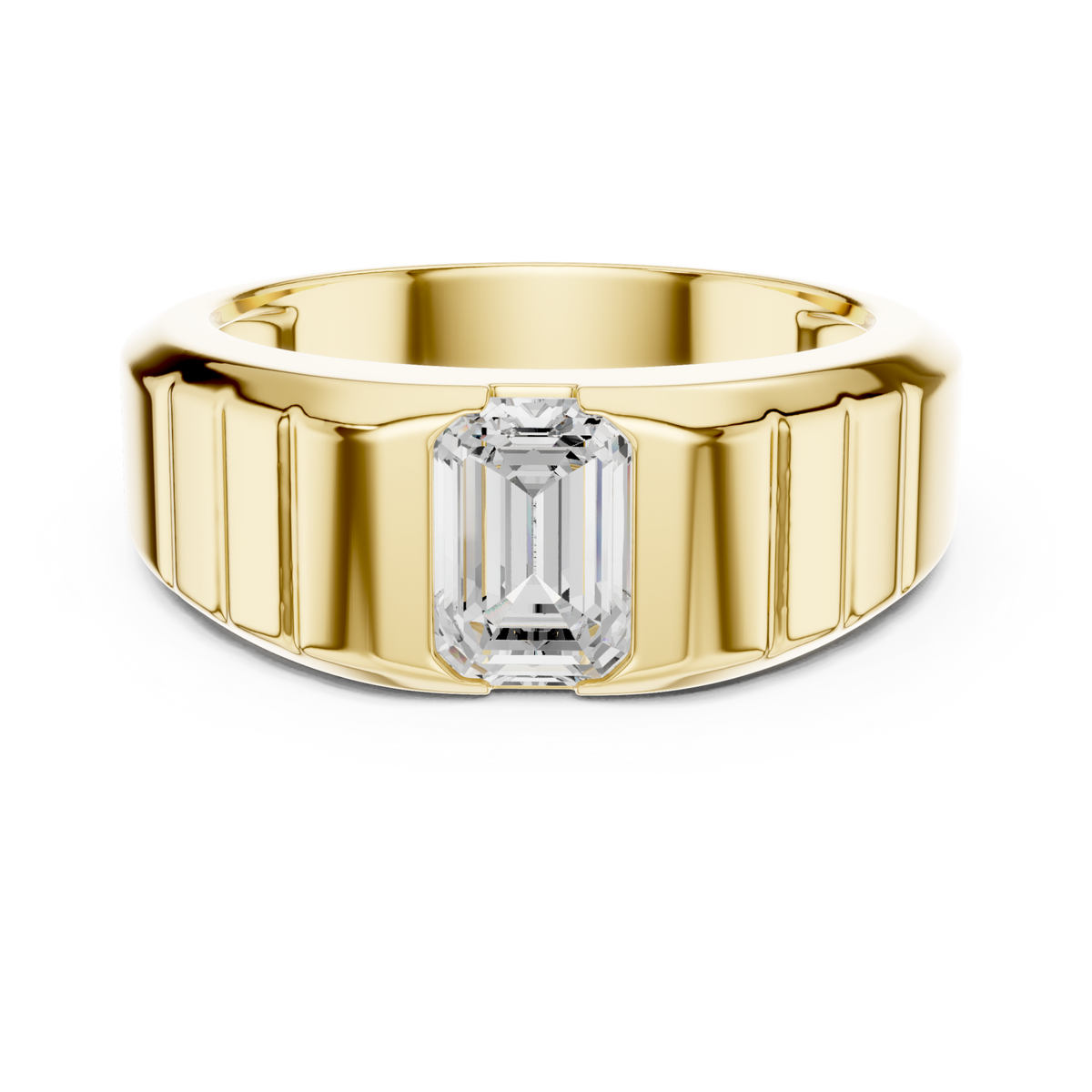  Gold Emerald Ribbed Shoulder Band Ring for Him Detail View