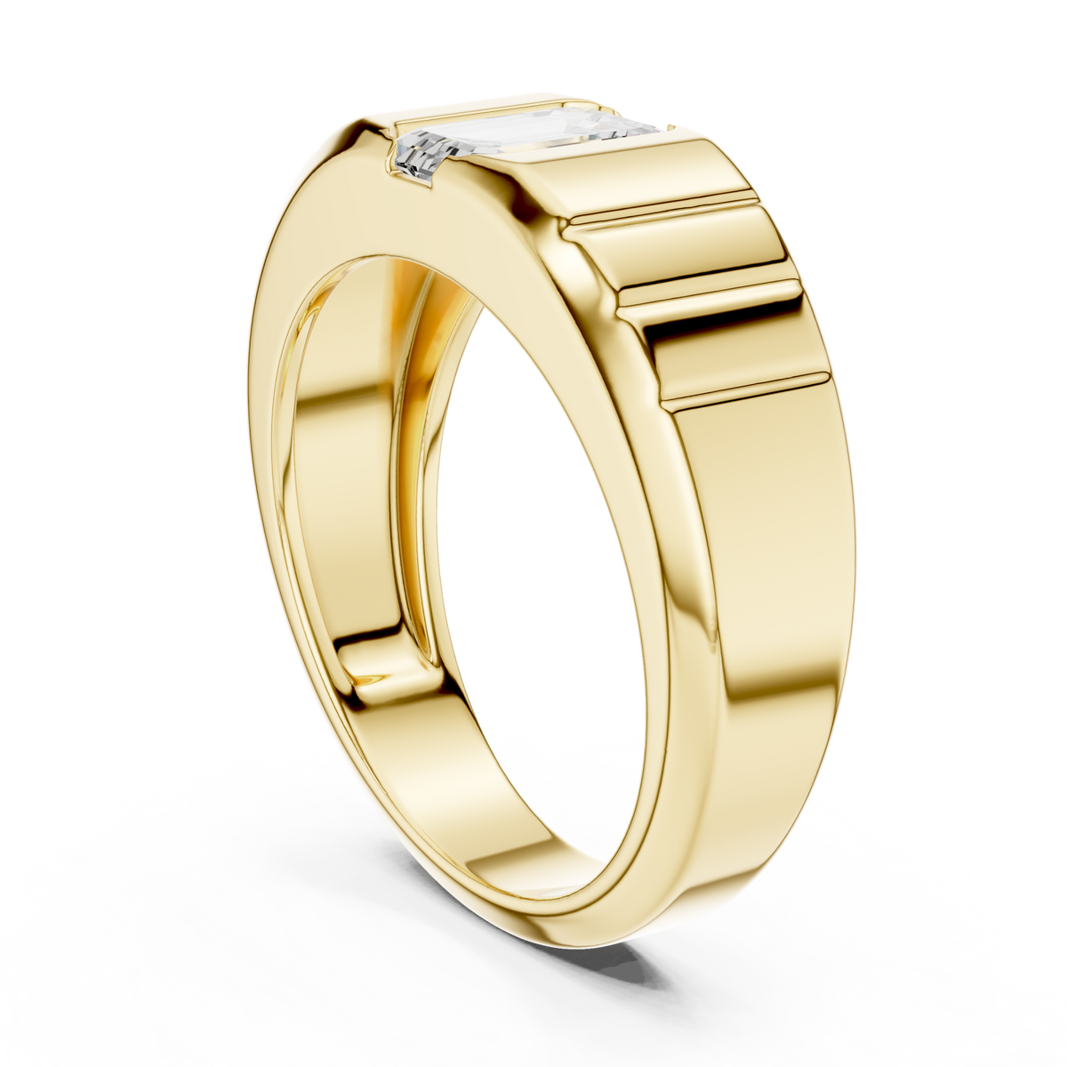  Gold Emerald Ribbed Shoulder Band Ring for Him Side View