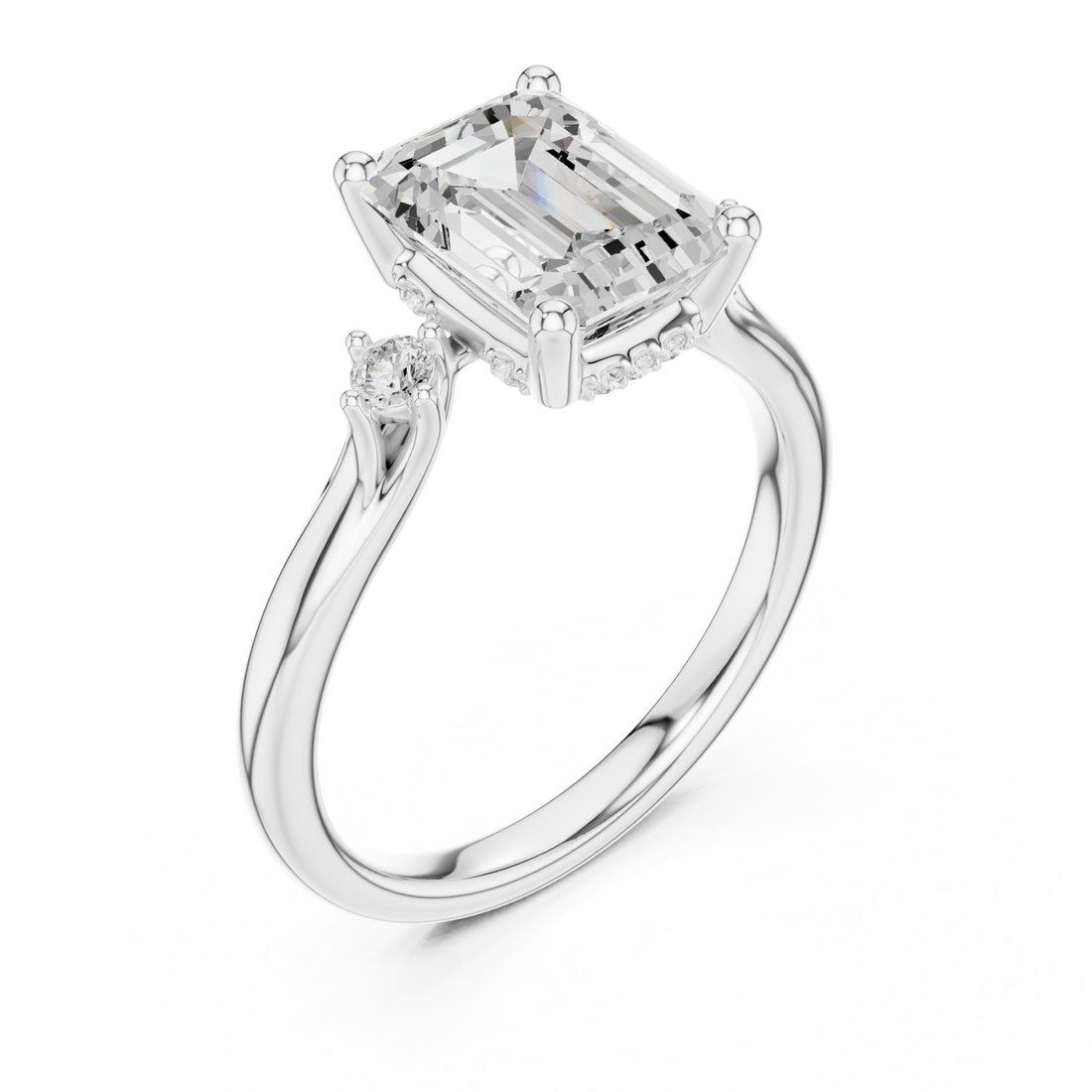 Emerald round accent three stone engagement ring white gold front view