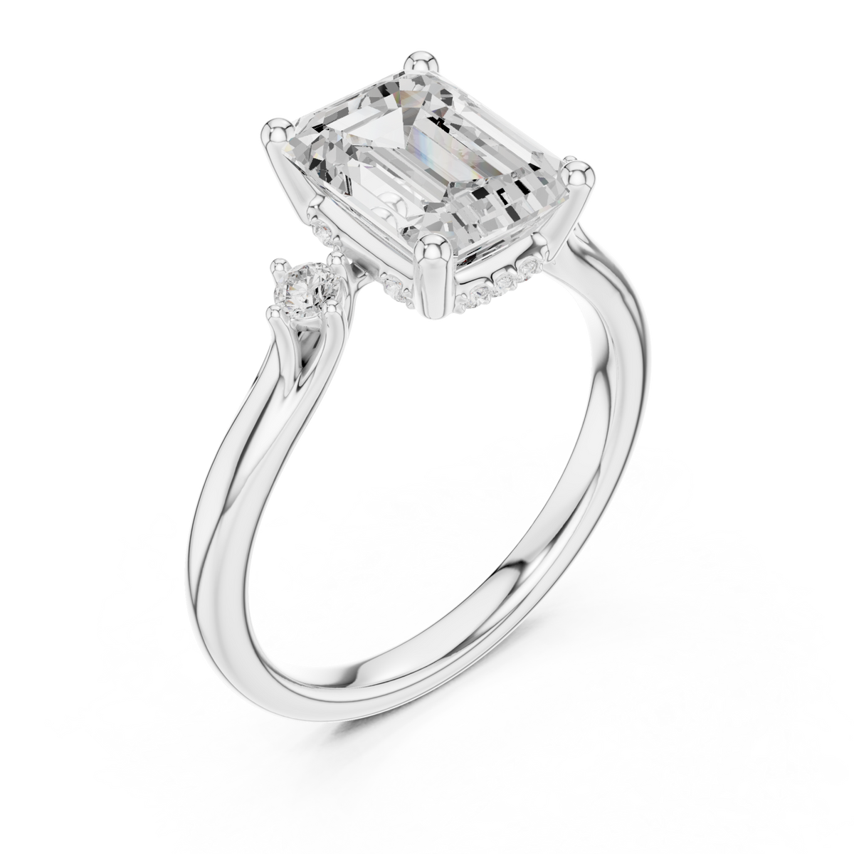 Emerald round accent three stone engagement ring white gold angle view