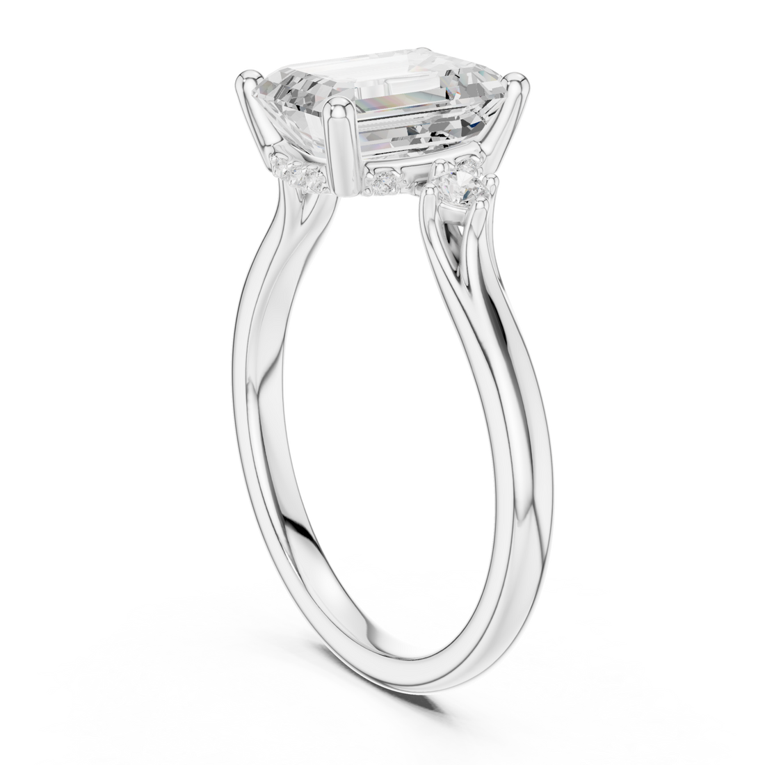 Emerald round accent three stone engagement ring white gold front view