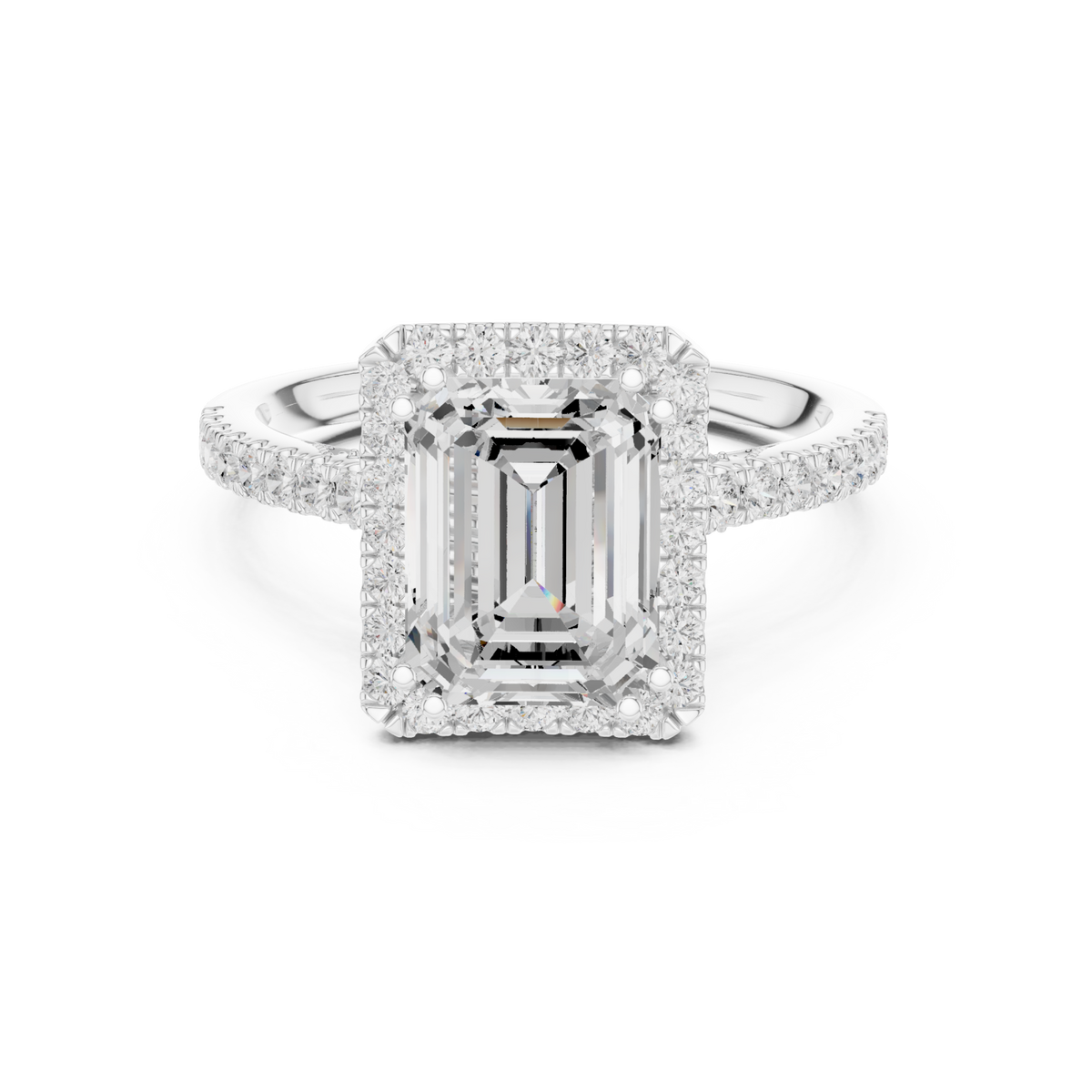 Emerald scalloped gallery halo pave engagement ring white gold detail view