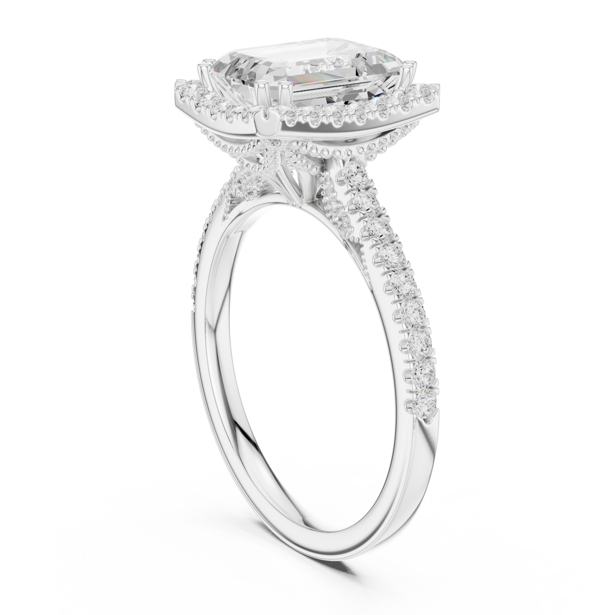 Emerald scalloped gallery halo pave engagement ring white gold front view
