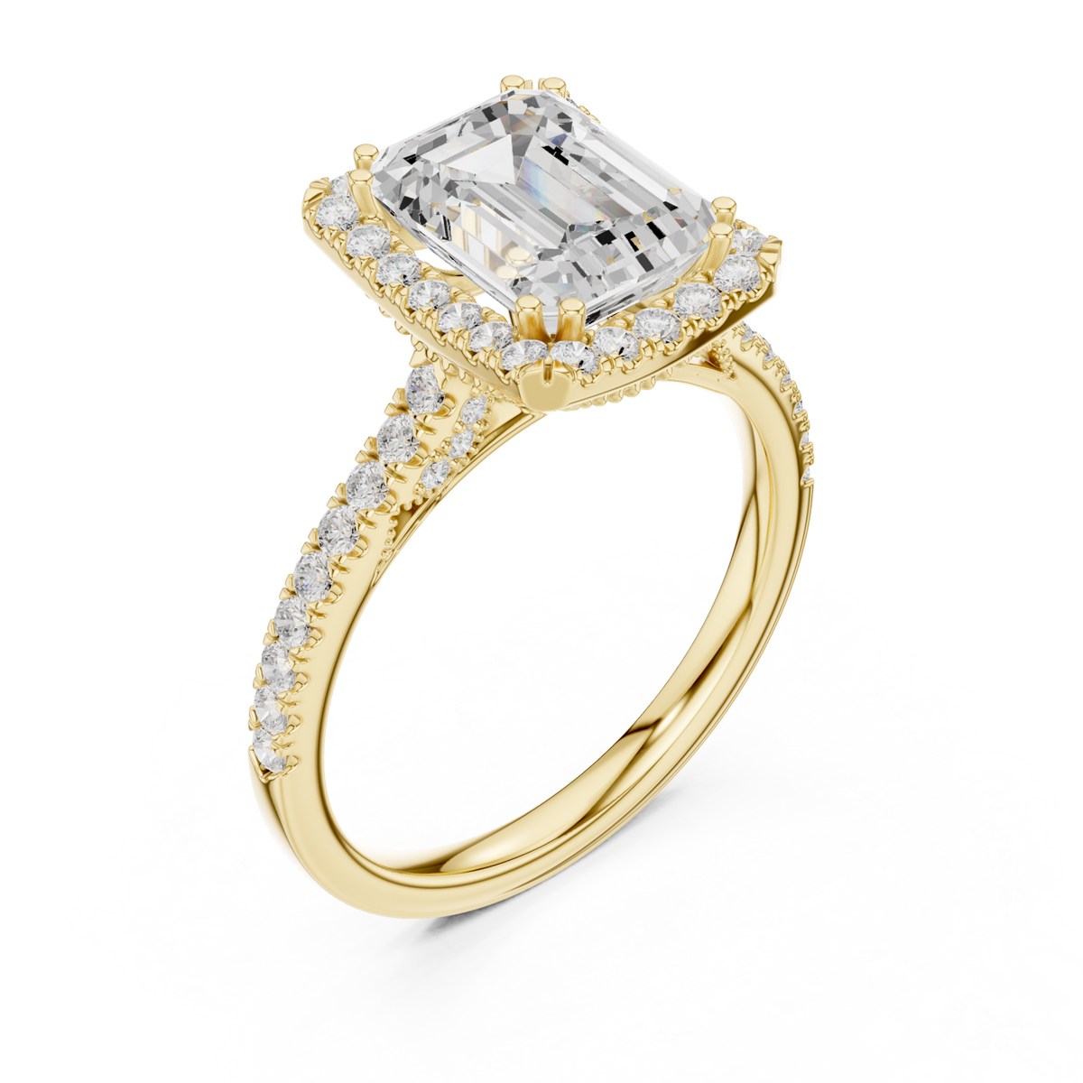 Emerald scalloped gallery halo pave engagement ring yellow gold angle view