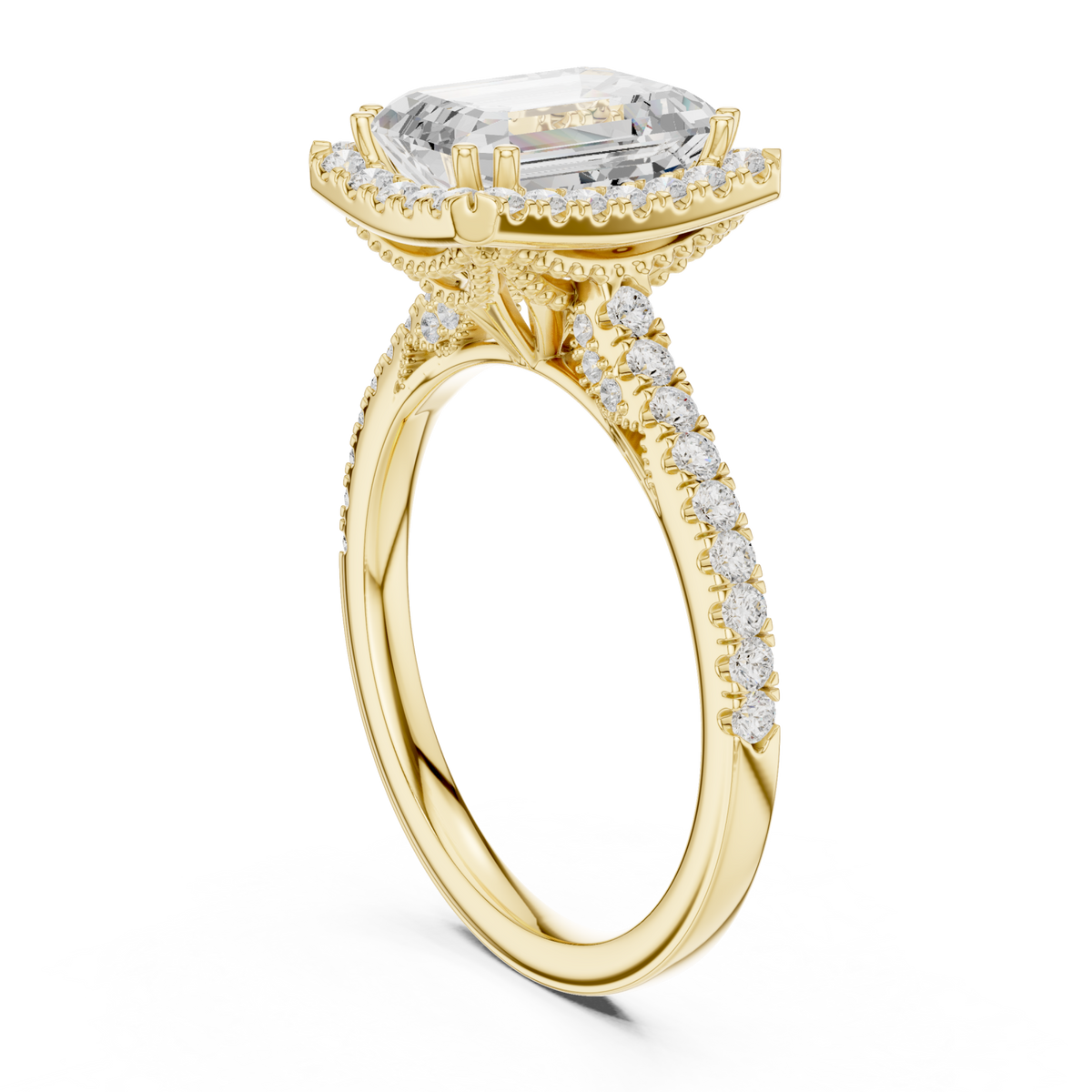 Emerald scalloped gallery halo pave engagement ring yellow gold front view