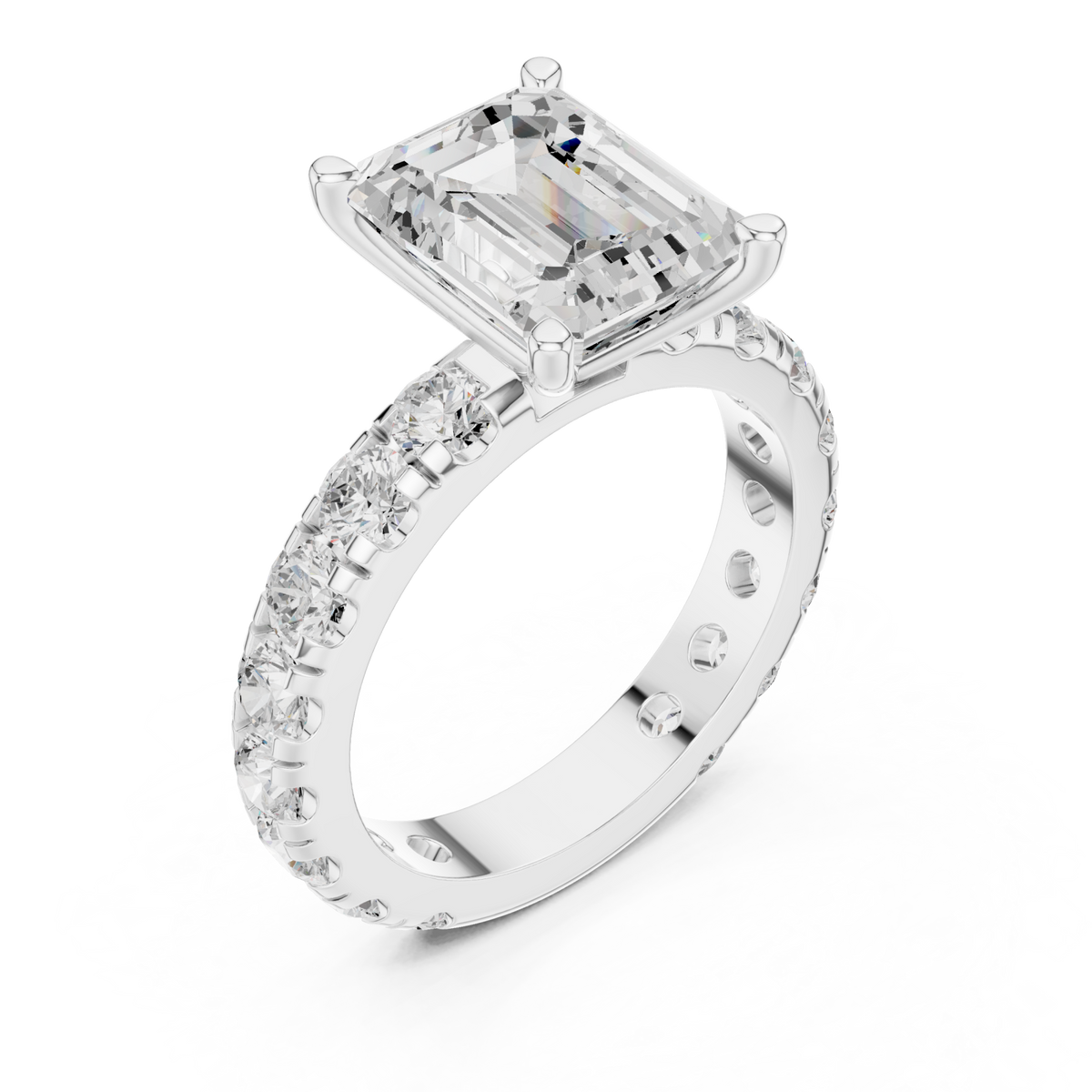Emerald shared-prong accent engagement ring white gold angle view
