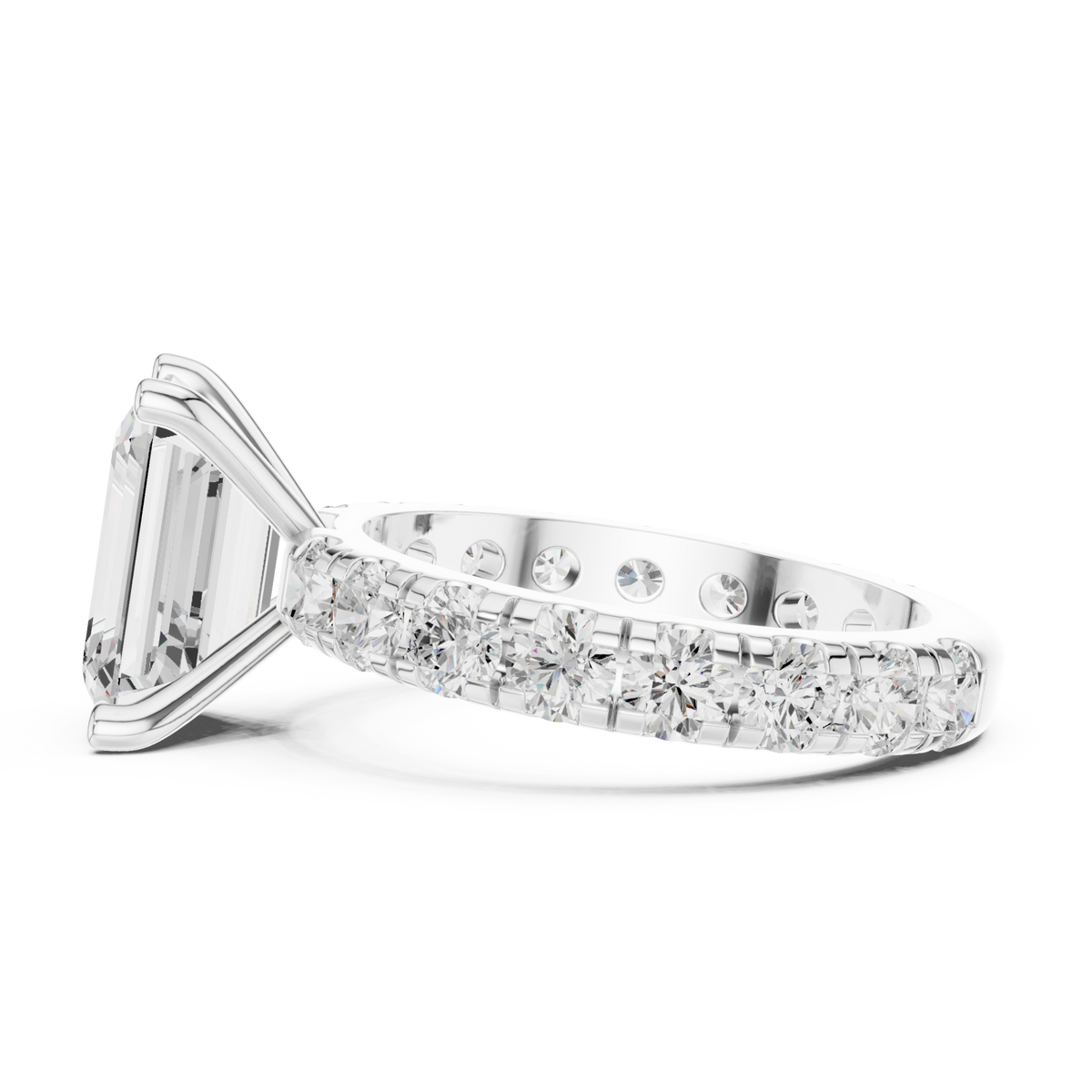Emerald shared-prong accent engagement ring white gold side view