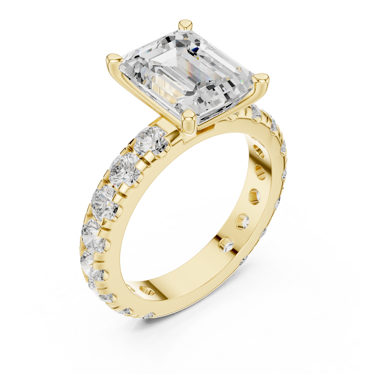 Emerald shared-prong accent engagement ring yellow gold angle view