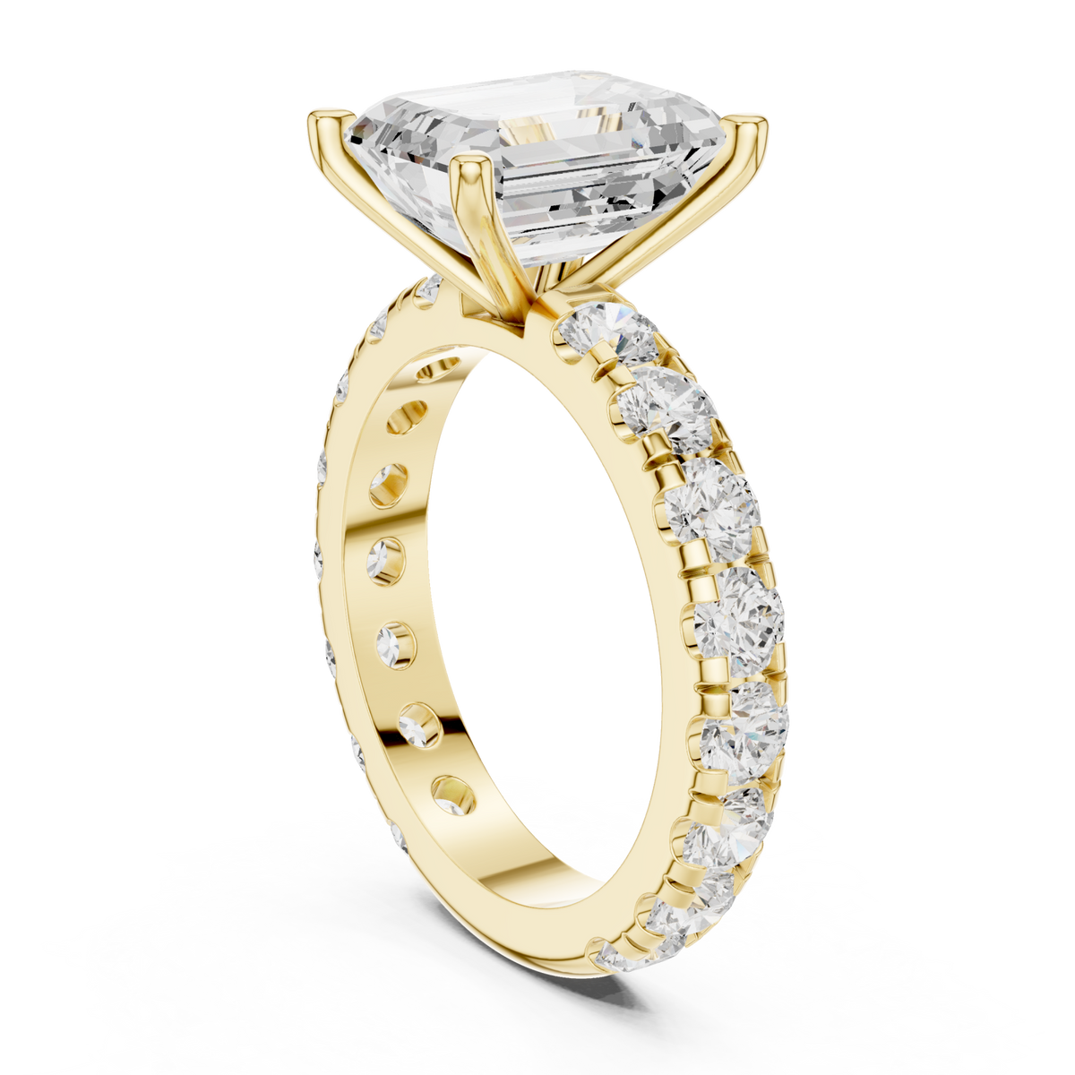Emerald shared-prong accent engagement ring yellow gold front view