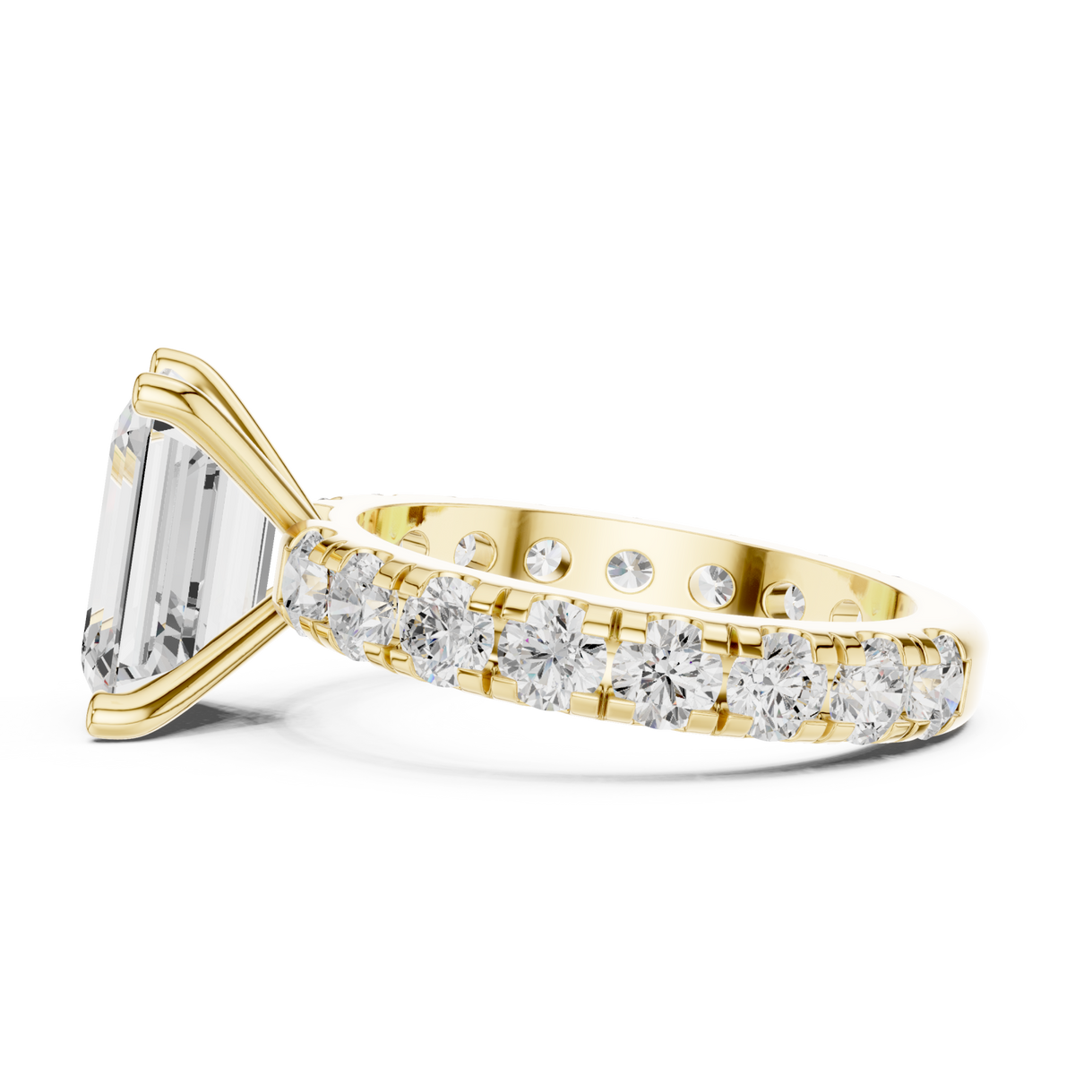 Emerald shared-prong accent engagement ring yellow gold side view