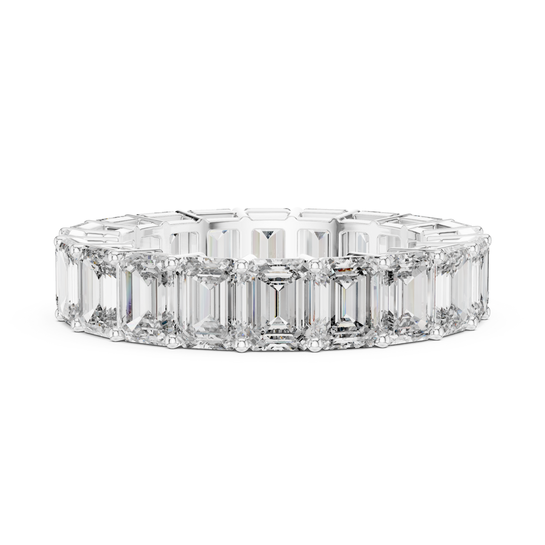 Emerald shared prong full eternity band white gold front view