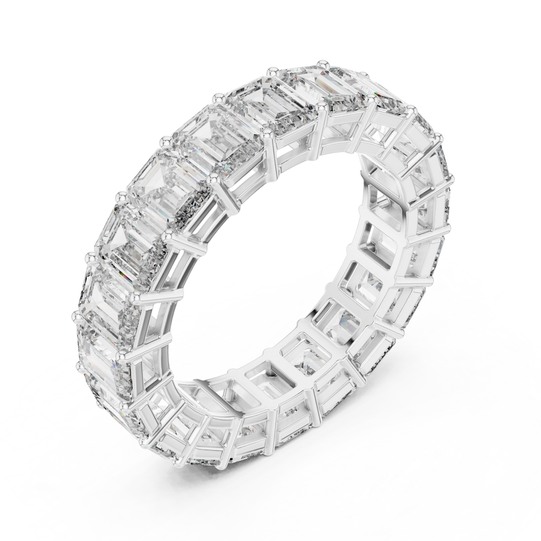 Emerald shared prong full eternity band white gold front view