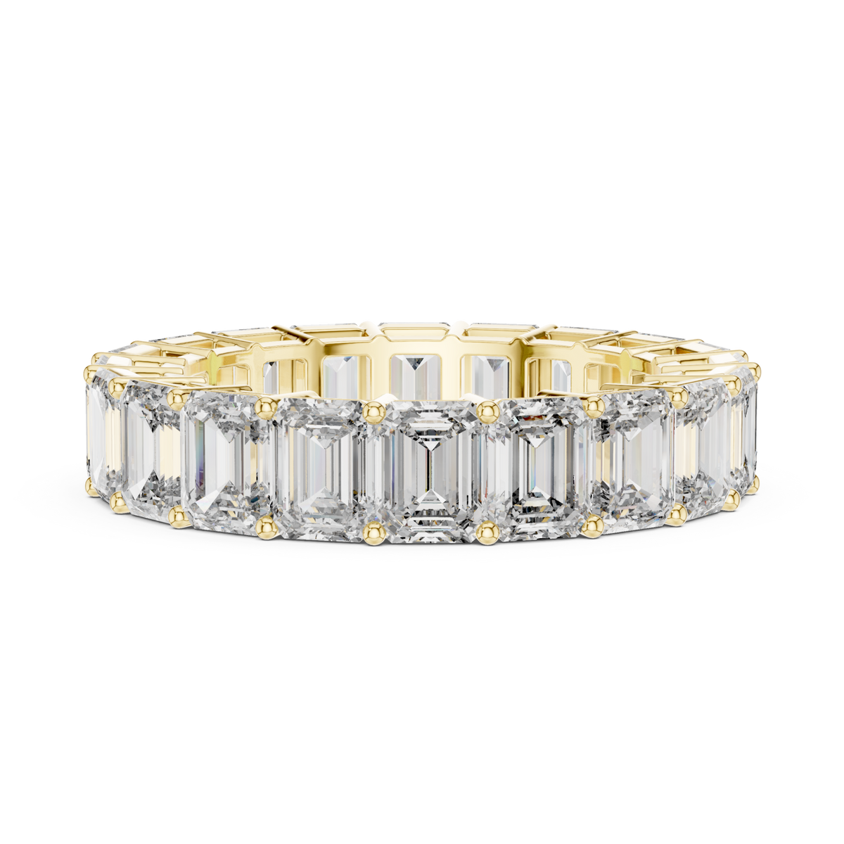Emerald shared prong full eternity band yellow gold angle view
