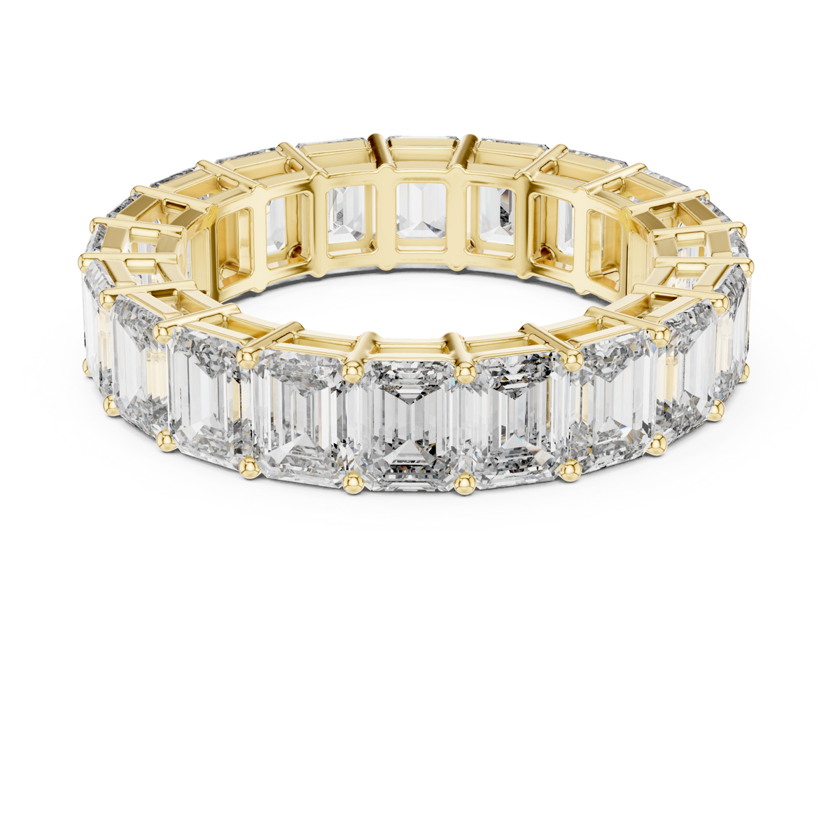 Emerald shared prong full eternity band yellow gold detail view