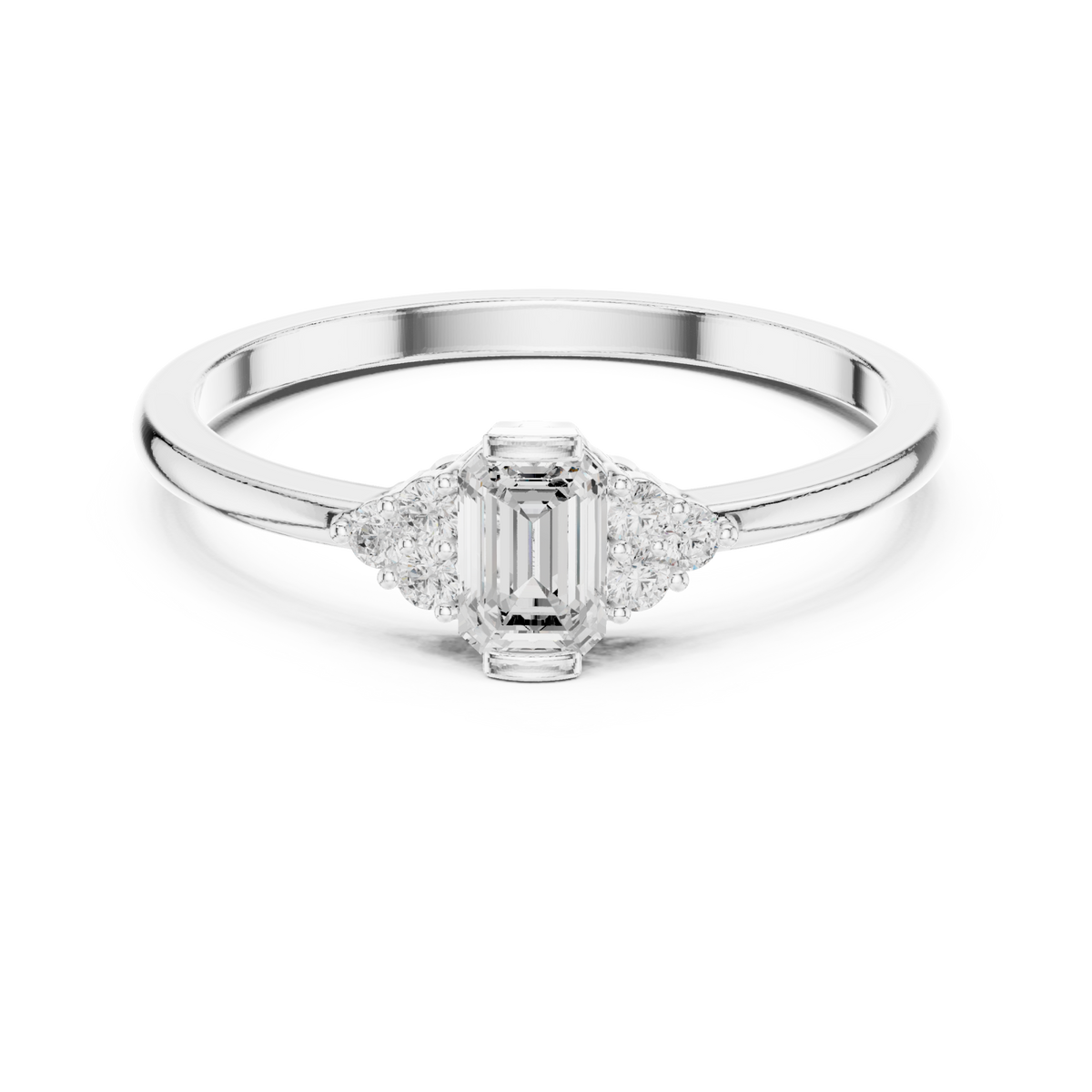 Emerald side cluster solo ring white gold detail view