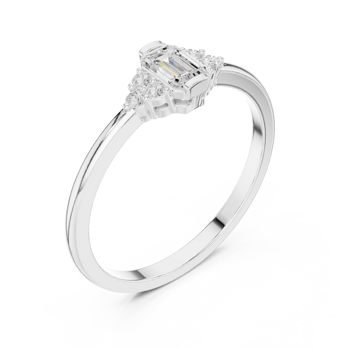 Emerald side cluster solo ring white gold front view