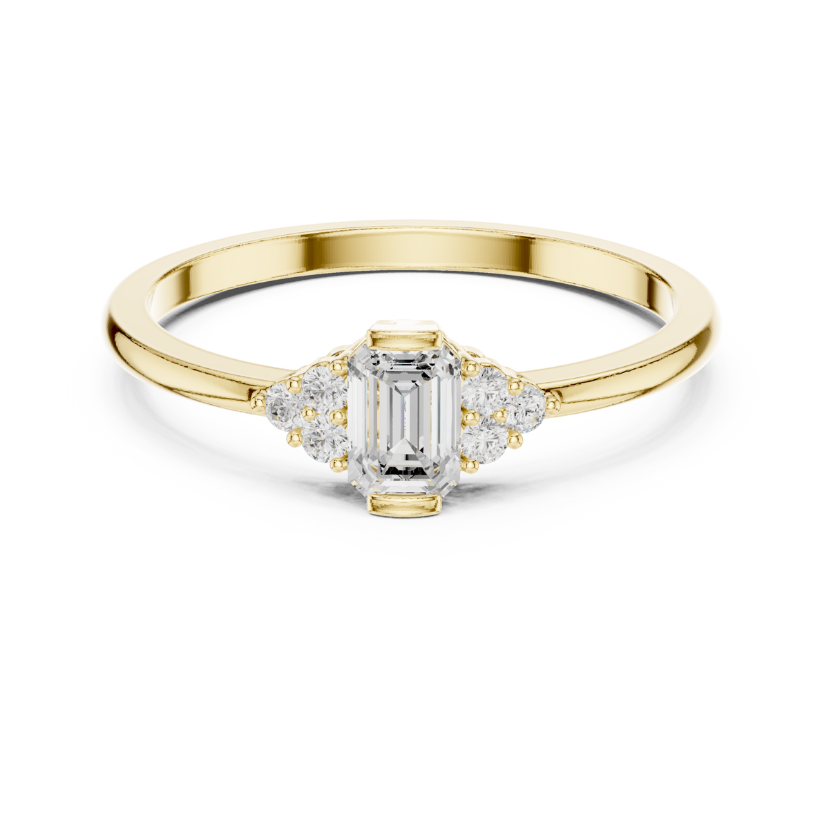 Emerald side cluster solo ring yellow gold detail view