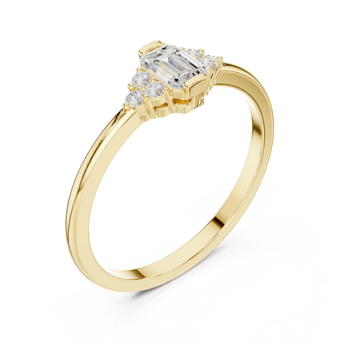 Emerald side cluster solo ring yellow gold front view