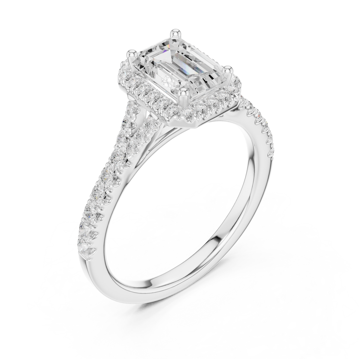 Emerald split bridge halo pave engagement ring white gold angle view