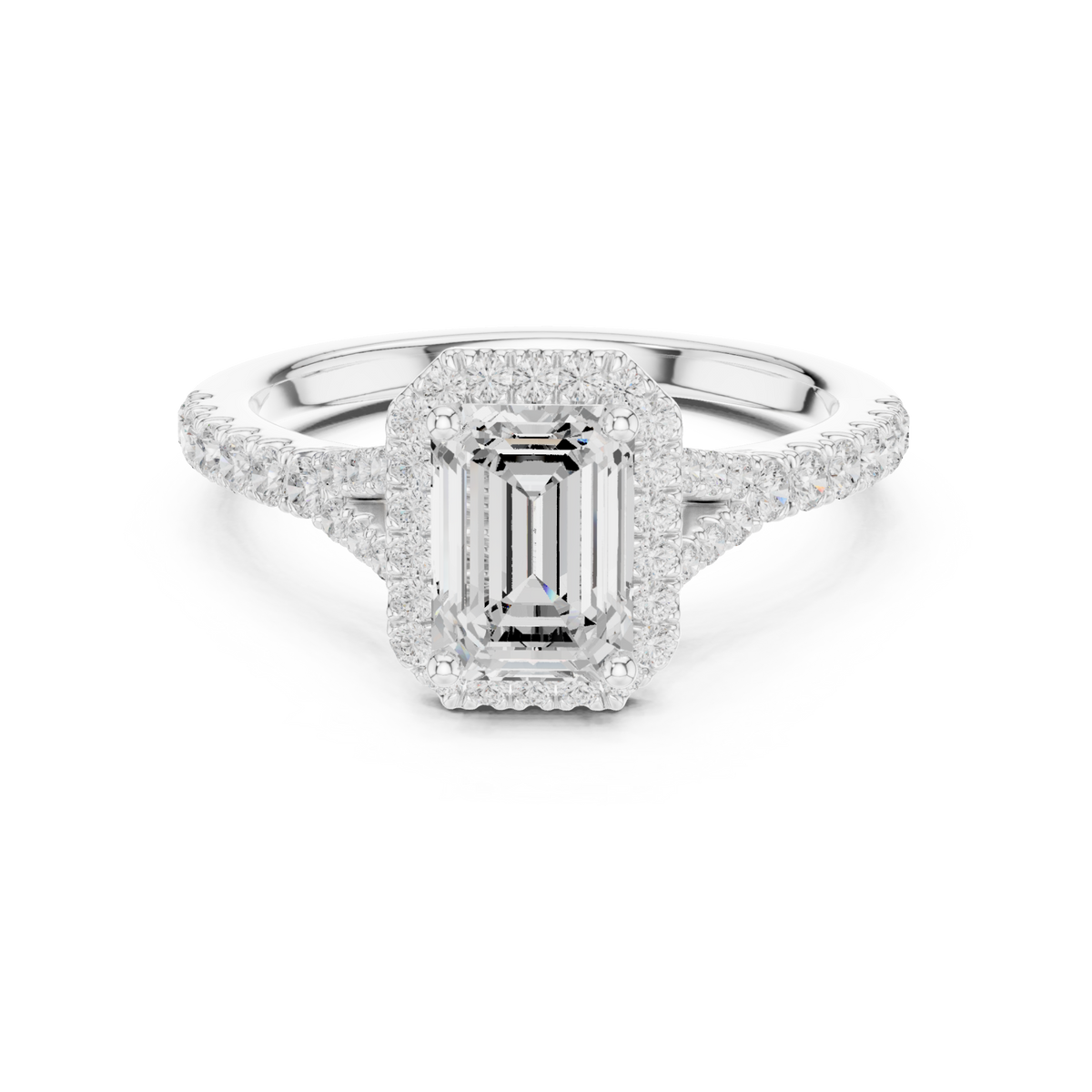 Emerald split bridge halo pave engagement ring white gold detail view