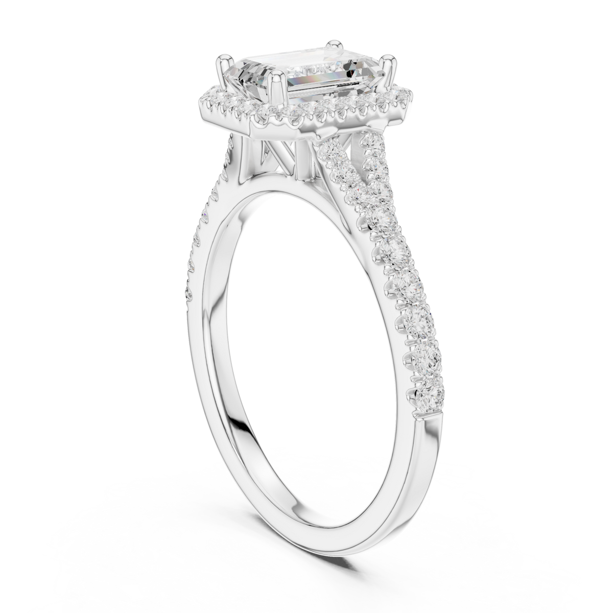 Emerald split bridge halo pave engagement ring white gold front view