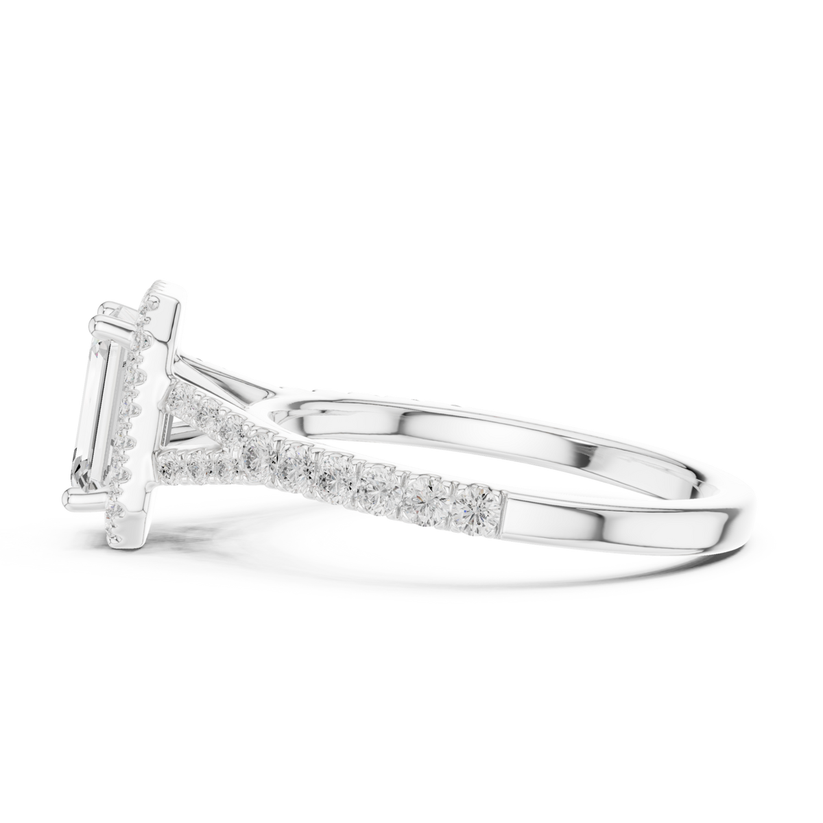 Emerald split bridge halo pave engagement ring white gold side view