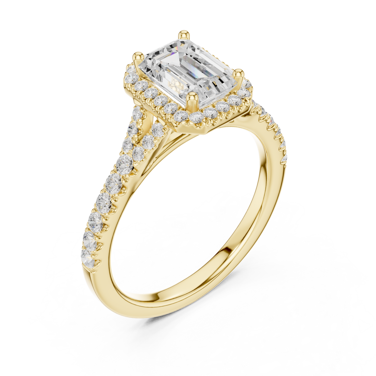 Emerald split bridge halo pave engagement ring yellow gold angle view