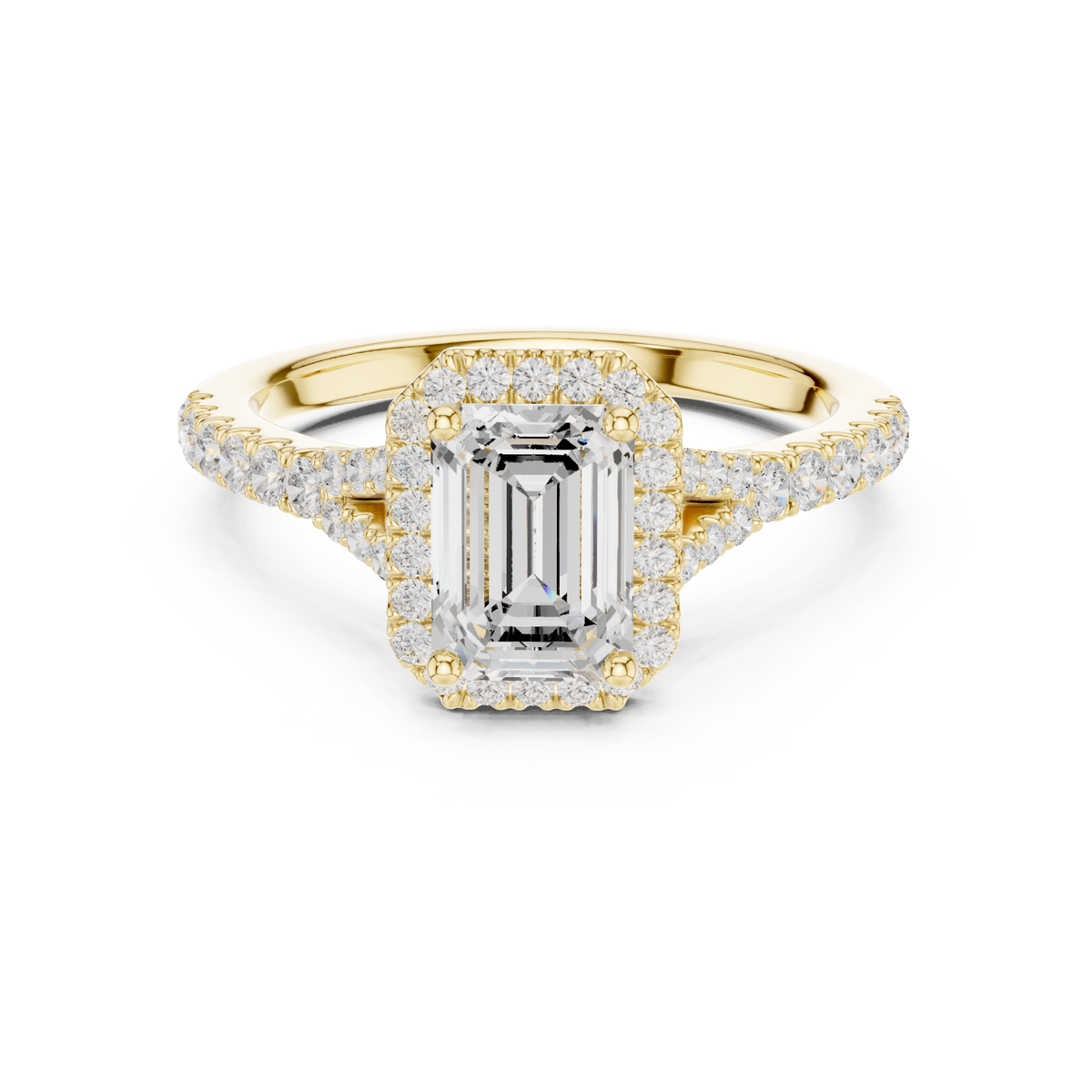 Emerald split bridge halo pave engagement ring yellow gold detail view
