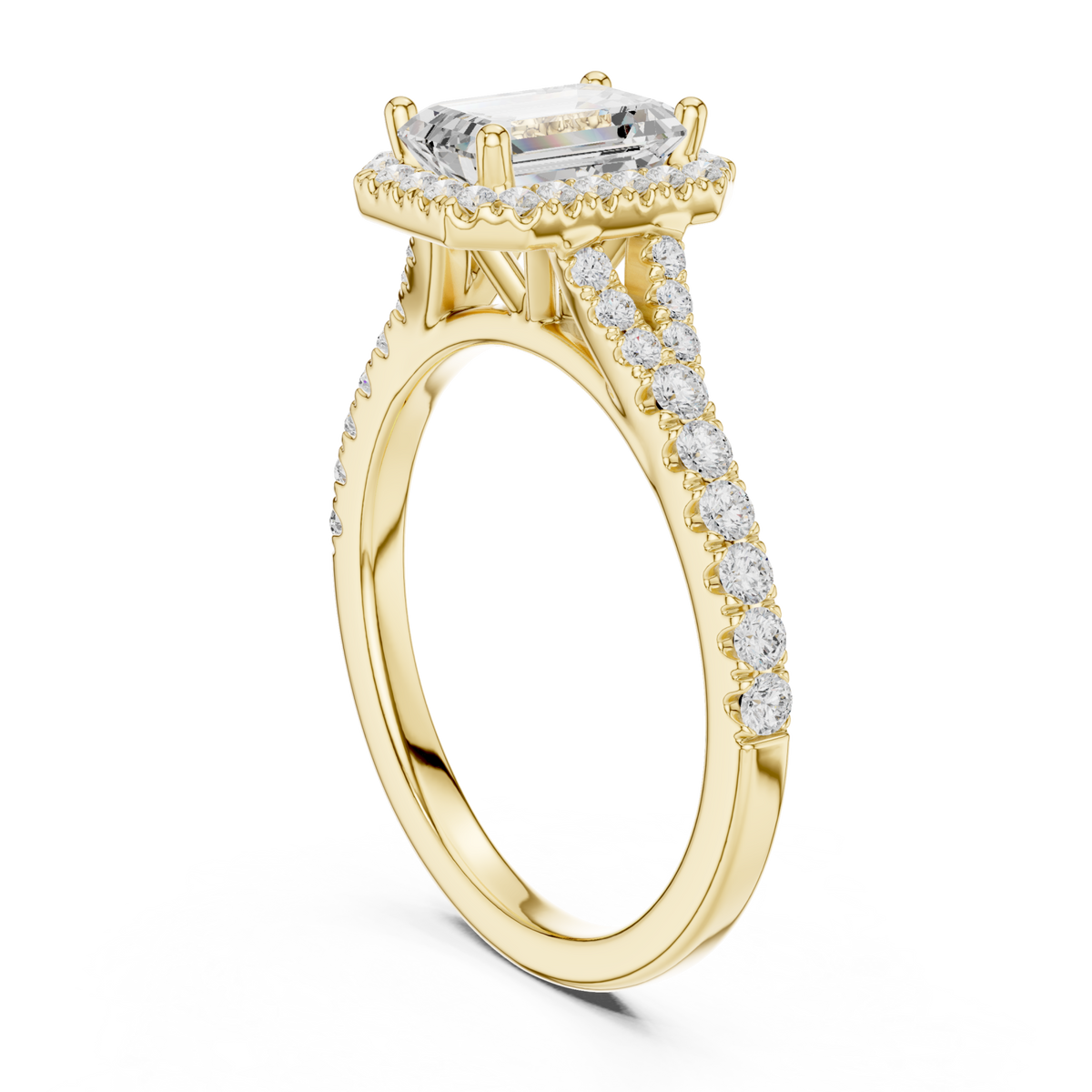 Emerald split bridge halo pave engagement ring yellow gold front view
