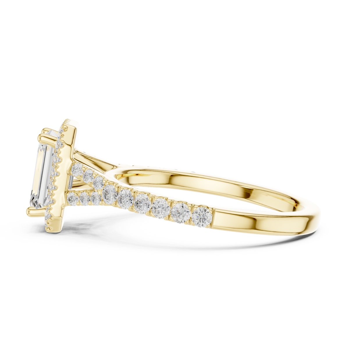 Emerald split bridge halo pave engagement ring yellow gold side view