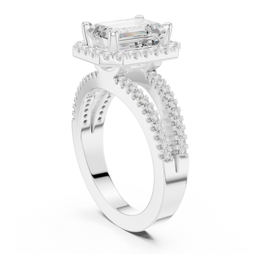Emerald split shank halo engagement ring white gold front view