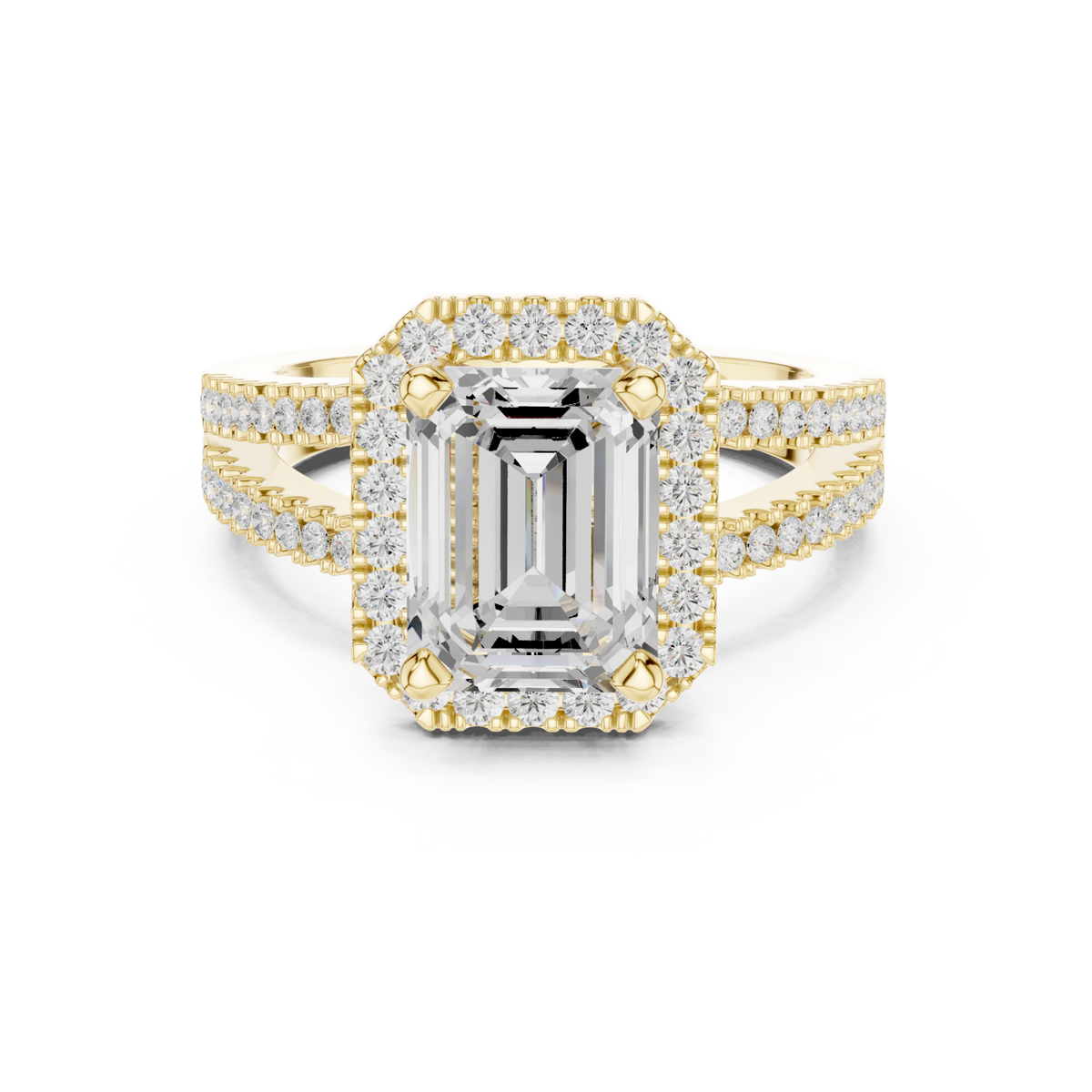 Emerald split shank halo engagement ring yellow gold detail view