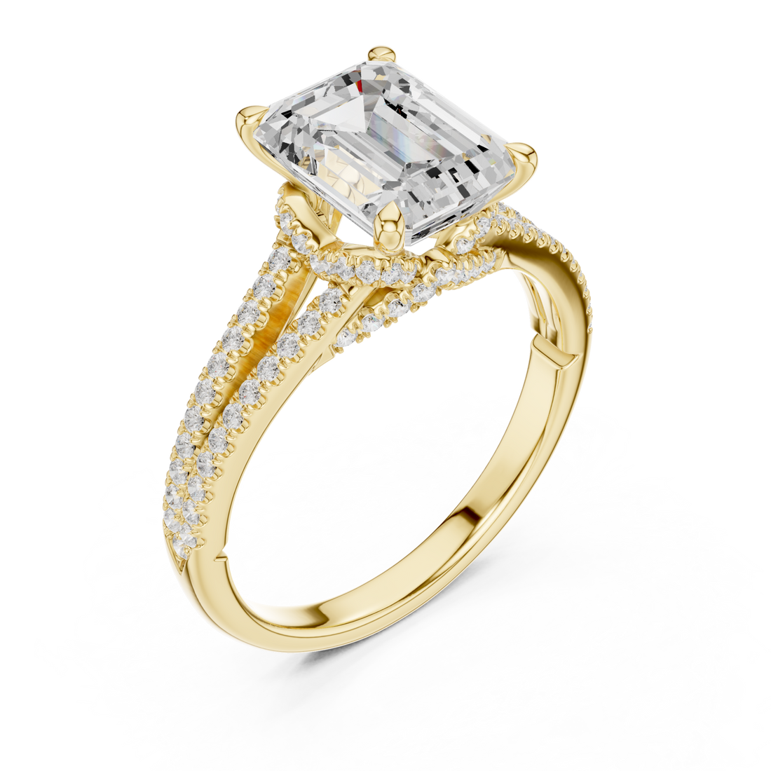 Emerald split shank pave engagement ring yellow gold front view
