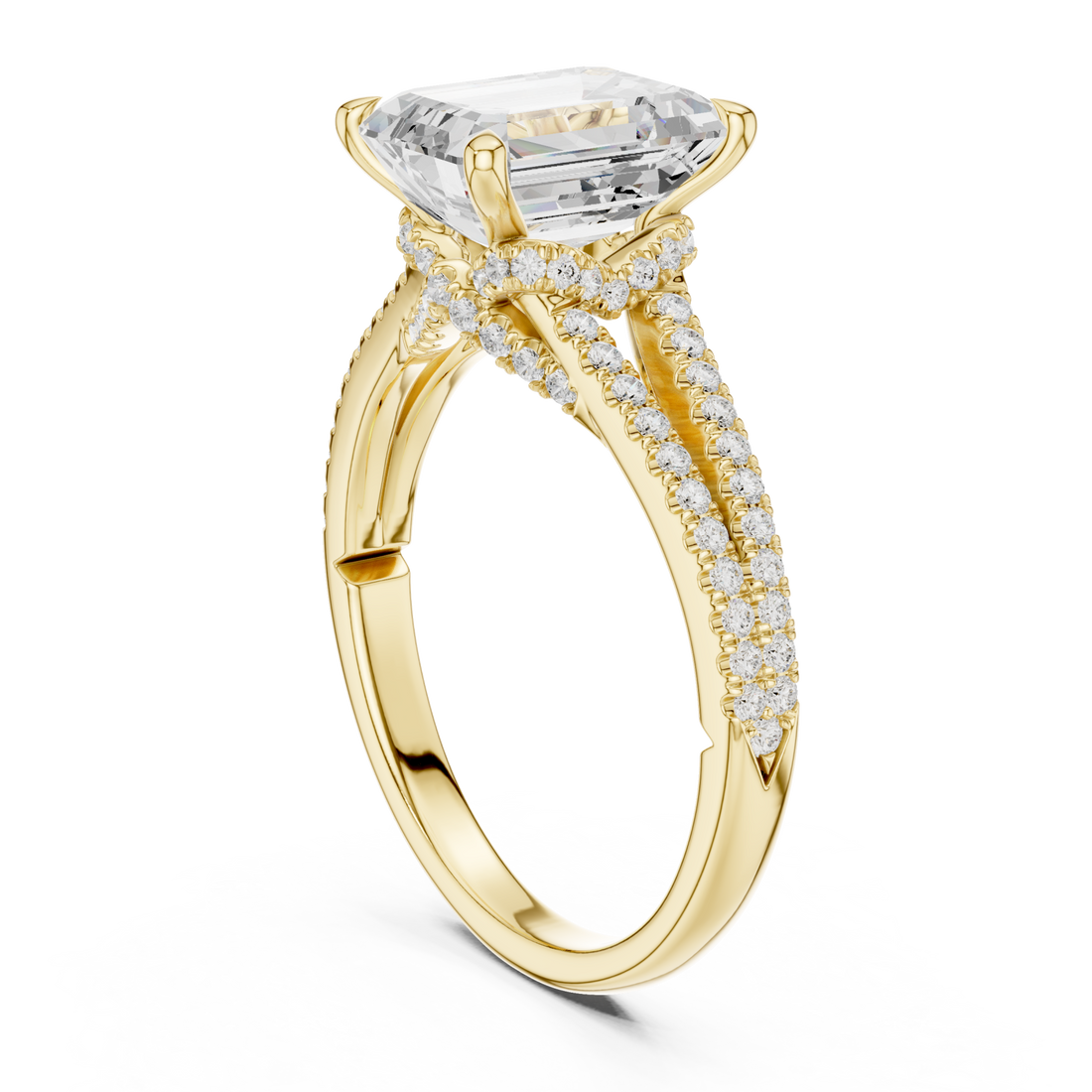 Emerald split shank pave engagement ring yellow gold front view