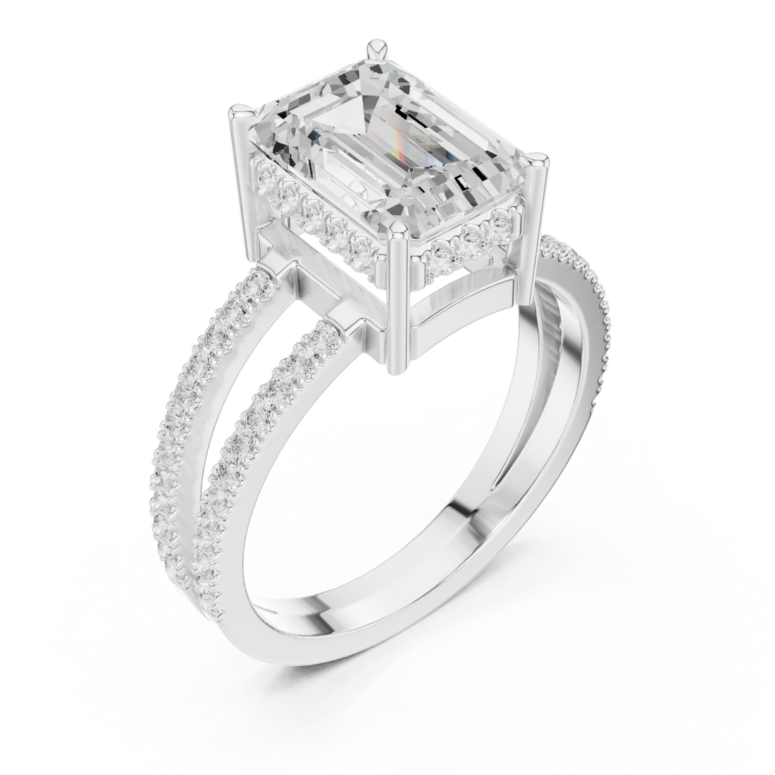 Emerald split shank pave solitaire engagement ring white gold front view