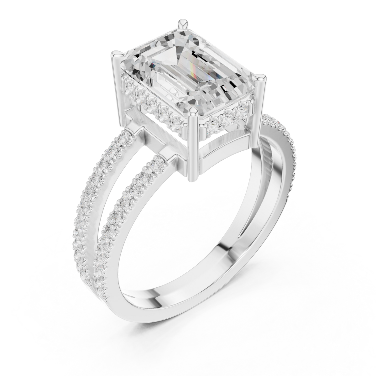 Emerald split shank pave solitaire engagement ring white gold angle view