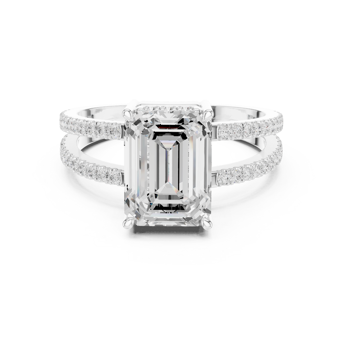 Emerald split shank pave solitaire engagement ring white gold detail view