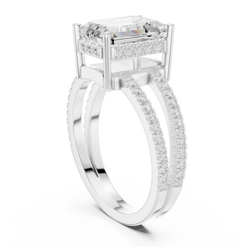 Emerald split shank pave solitaire engagement ring white gold front view