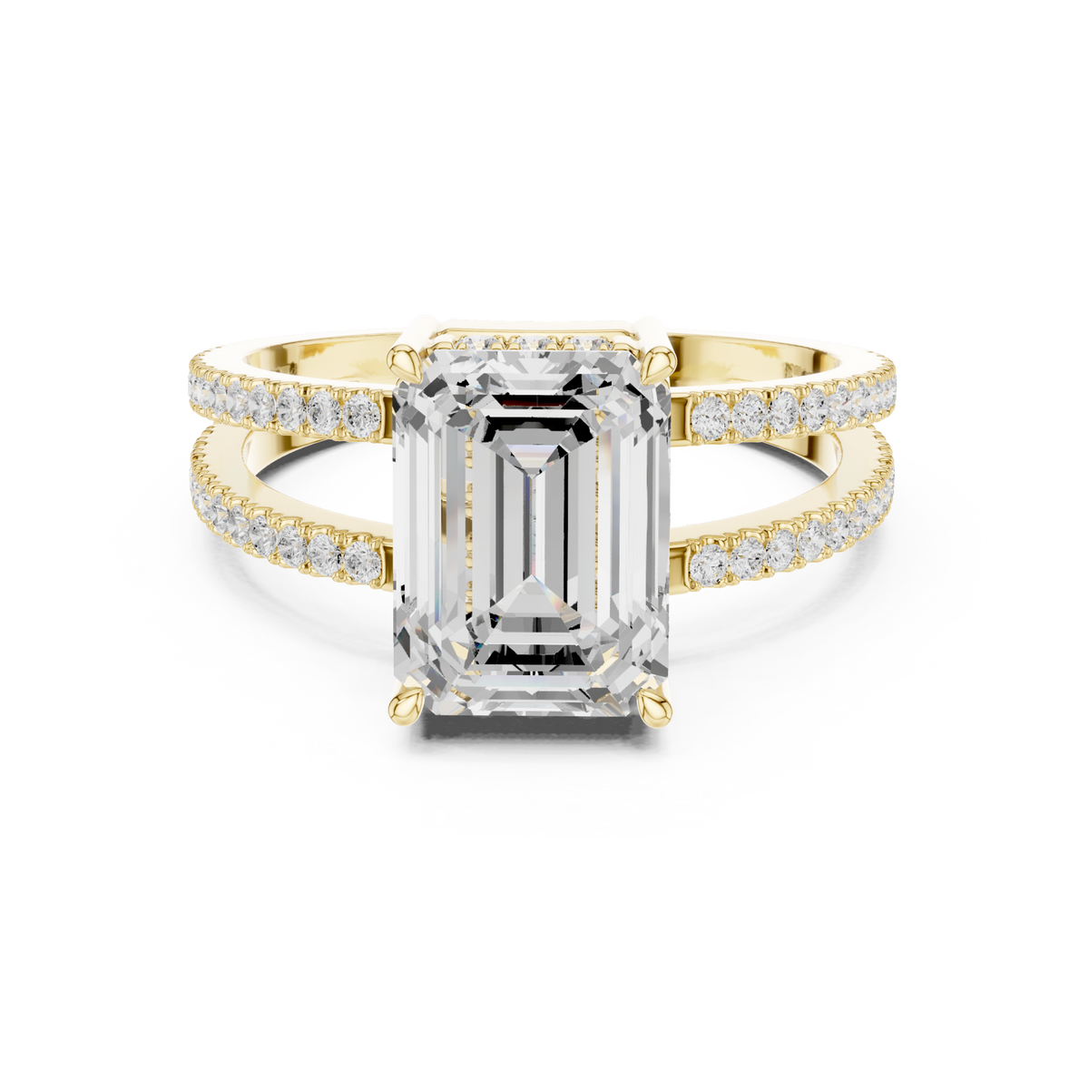 Emerald split shank pave solitaire engagement ring yellow gold detail view