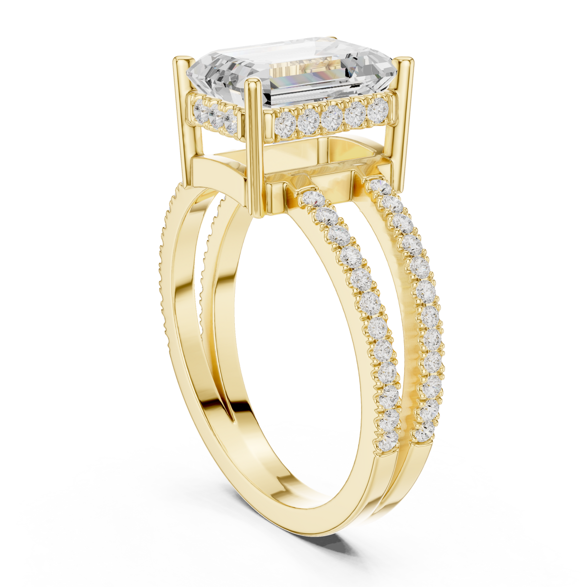 Emerald split shank pave solitaire engagement ring yellow gold front view