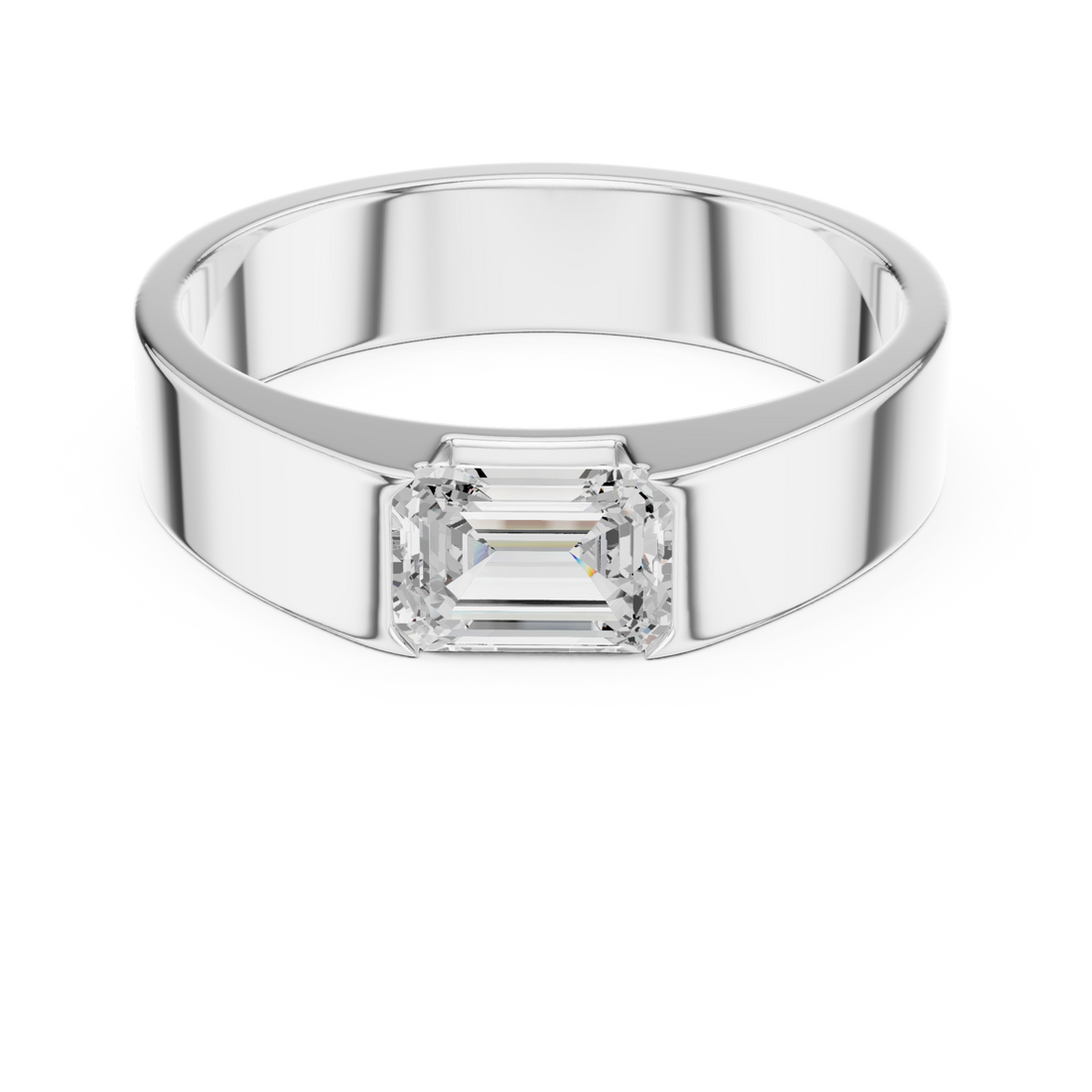  White Gold Emerald Tension Flat Band Ring for Him Front View