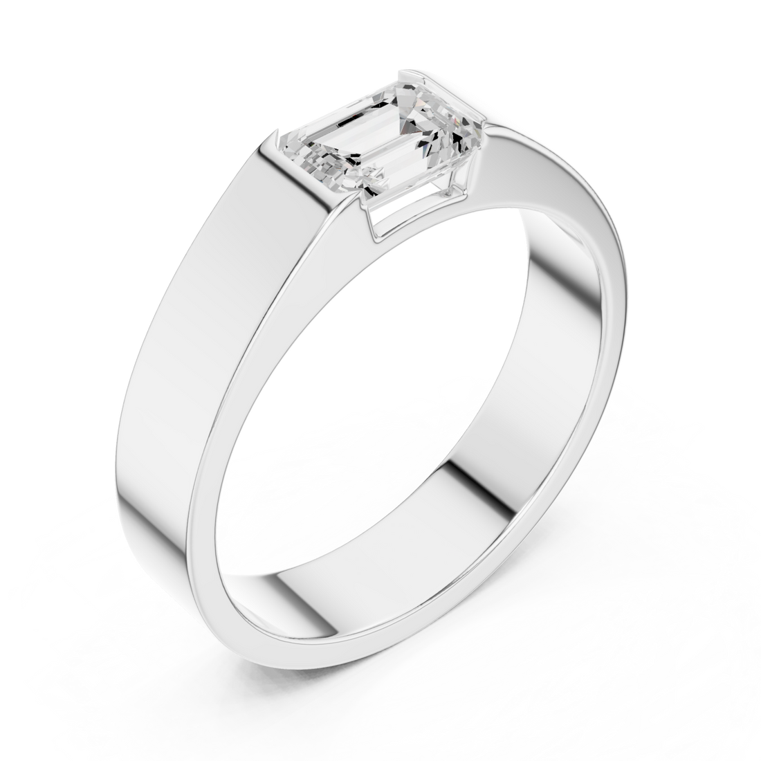  White Gold Emerald Tension Flat Band Ring for Him Front View