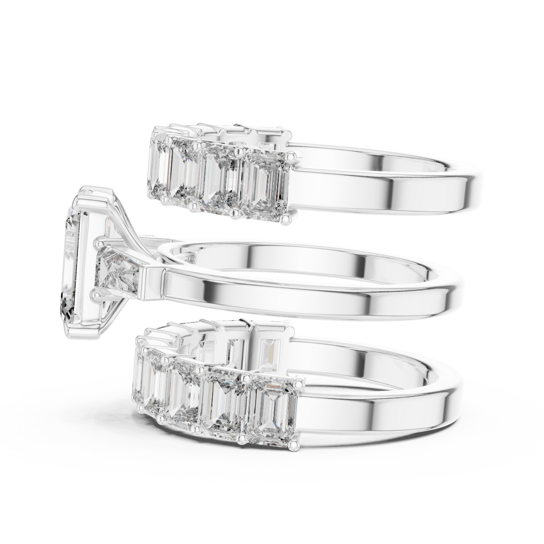 Emerald three-stone bridal ring set white gold front view